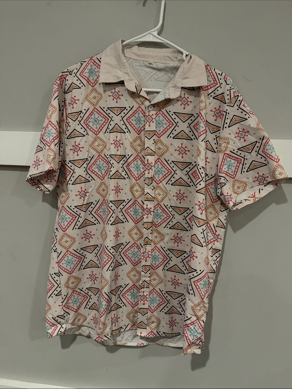 Men's Short-Sleeve Patterned Button-Up Shirt - Cream Multi